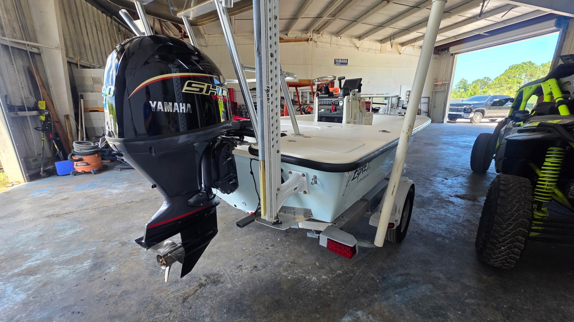 Rear quarter of Egret skiff with Yamaha SHO VMAX outboard