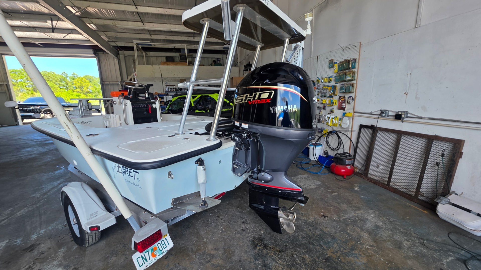 Egret carbon/Kevlar skiff with Yamaha SHO VMAX in the shop