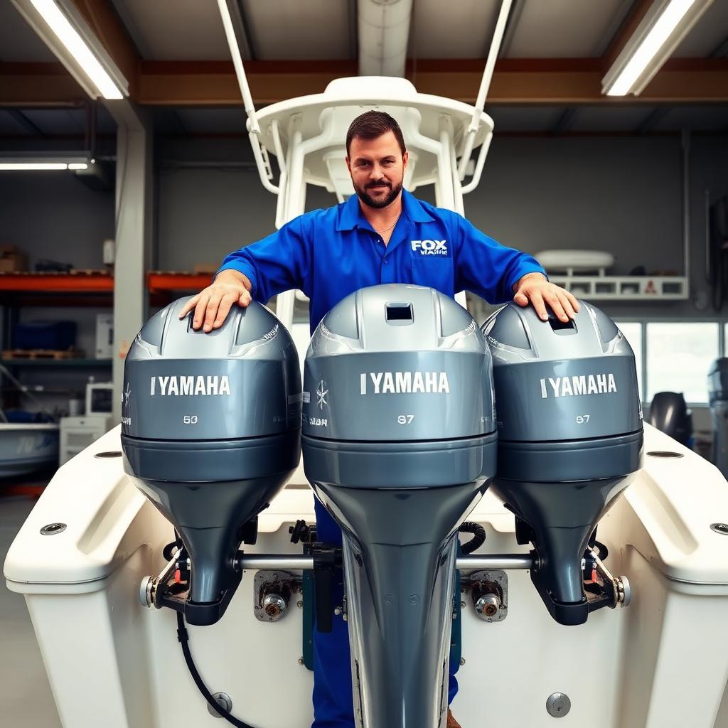 Fox Marine technician working on triple Yamaha outboards in the shop